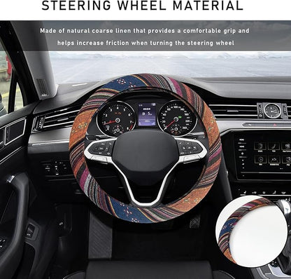 Boho Steering Wheel Cover, 15.0"×15.0" Anti-Slip Baja Blanket Ethnic Steering Wheel Protector, Breathable Flax Cloth Elastic Bohemian Steering Wheel Cover, Car Accessories (Style C)