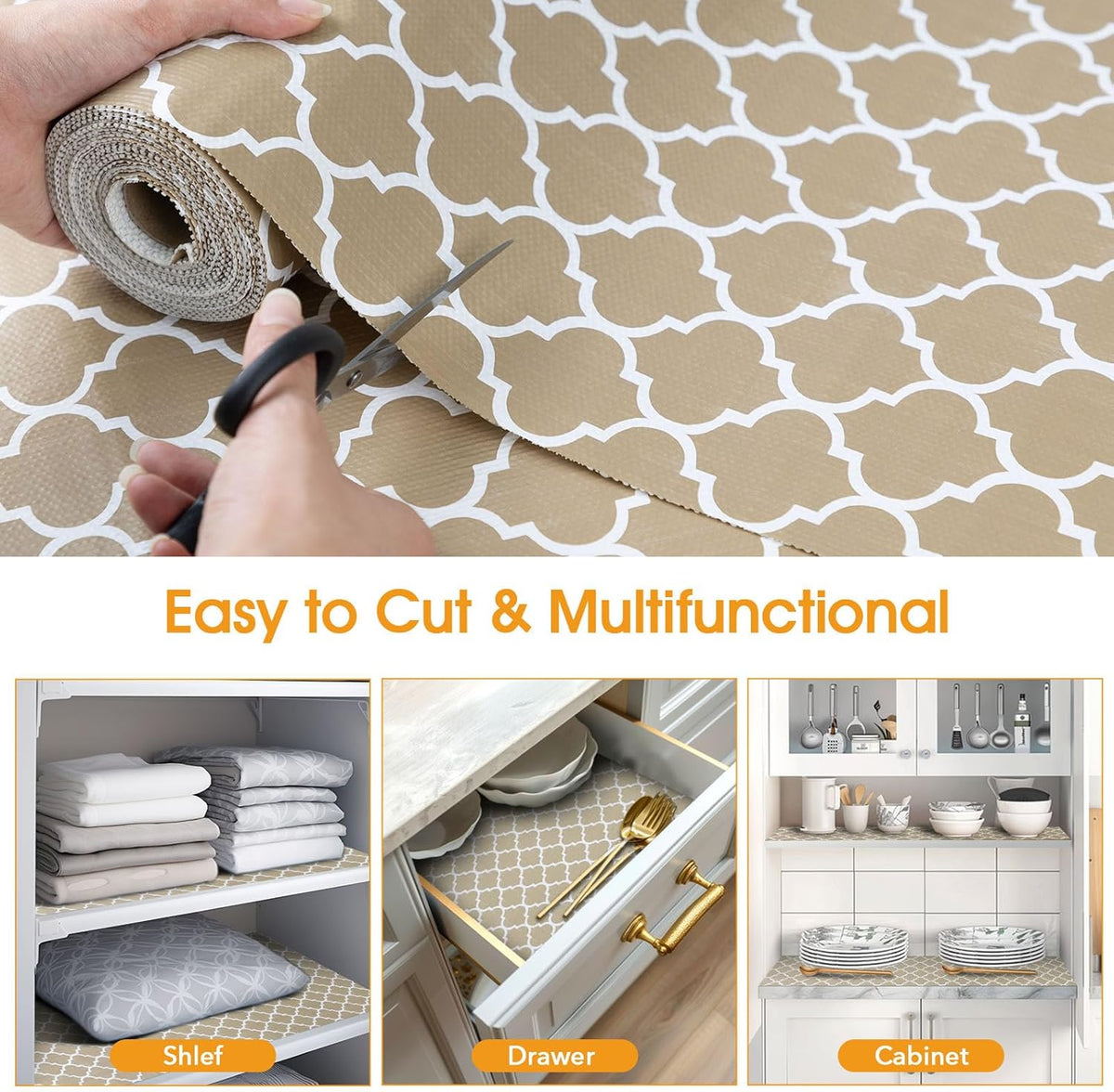 Shelf and Drawer Liner for Kitchen Cabinets Non-Adhesive, Strong Grip Non-Slip Thickened Cabinet Liners for Shelves, Waterproof Mats for Dresser Cupboard, Beige, 17 in x 10 Feet