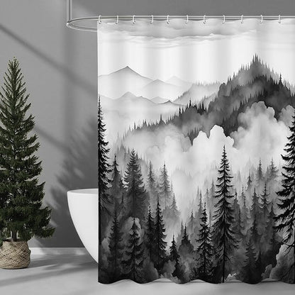 Litabel Black Long Misty Pine Forest Shower Curtain 72 x 78, Mountain Foggy Woodland Scenery Tree 78 Inch Long Shower Curtains for Bathroom, Abstract Waterproof Nature-Themed Decor