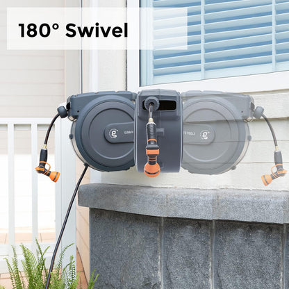Giraffe Tools Retractable Hose Reel 1/2 in x130 FT PRO Metal Bracket Wall Mounted Heavy Duty Hose Reel with 9 Pattern Nozzle 180 Deg Swivel, Metal Bracket Any Length Lock (1/2 130FT PRO, Dark Grey)