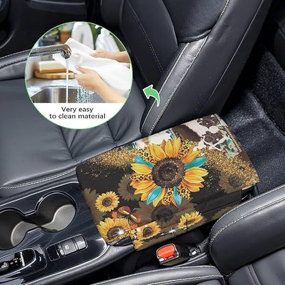 Wanyint Aztec Sunflower Leopard Cow Print Auto Center Console Cover Non-Slip Soft Armrest Storage Box Mat Scratch Resistant Middle Console Cover Arm Rest Pad Car Interior Decor Accessories