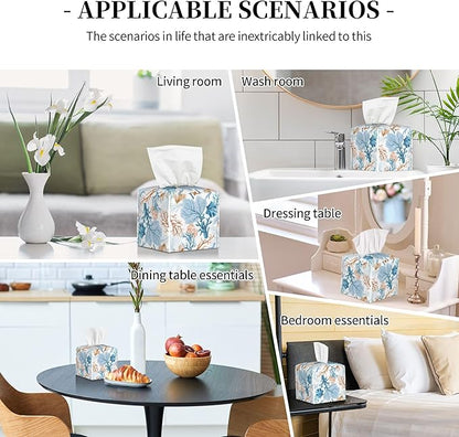 POIUBLE Tissue Box Holder Watercolor Blue Corals Tissue Box Cover Square Leather Tissue Holder Organizer Portable Decorative Facial Paper Case for Home Office Bathroom Vanity Countertop