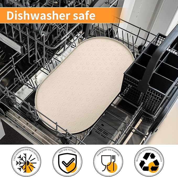 KPWACD Pet Feeding Mat for Dogs and Cats, Silicone Dog Placemat Non-Slip Waterproof Bowl Mats Prevent Food and Water Overflow, High-Lips Puppy Dish Tray Mat Suitable for Large Medium Small Pets, Beige