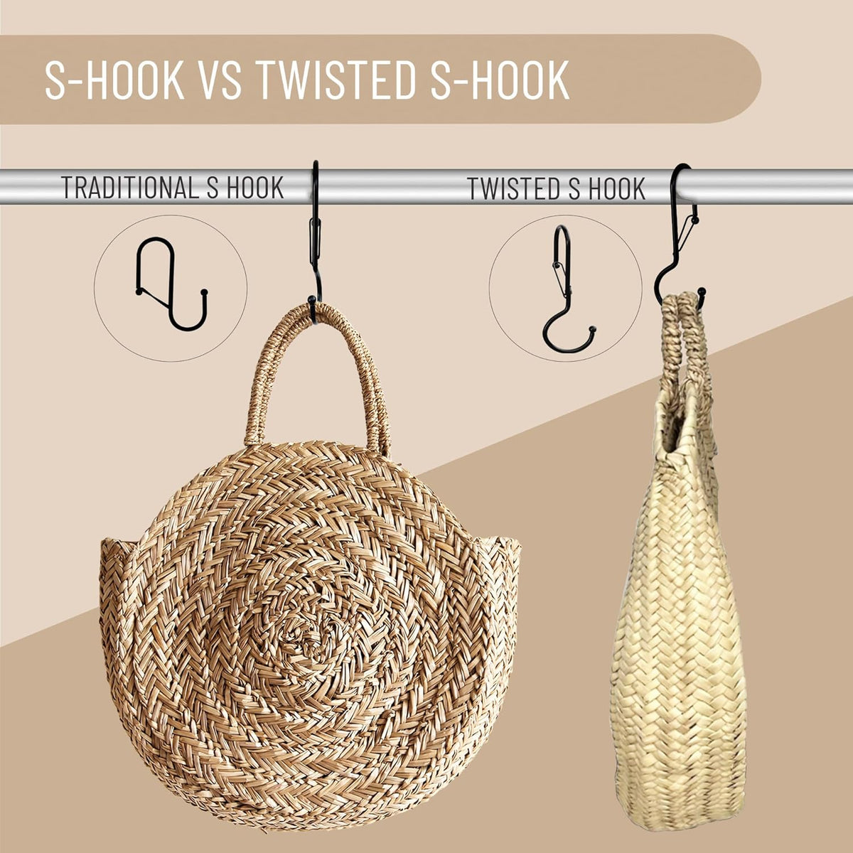 6 Purse Hanger for Closet. Tote Hanger. S-Shaped Hooks S Hooks Twist Design. Anti Drop S-Shaped Hook for Hanging Handbags with Safety Buckle to Prevent Falls. Heavy Duty. (Black, Twisted)