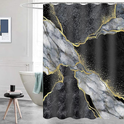 Domoku Marble Waterproof Shower Curtain with Hooks, Machine Washable Easy-Care Fabric Bathroom Curtain for Tub or Shower (Black, 72" W x84 L)
