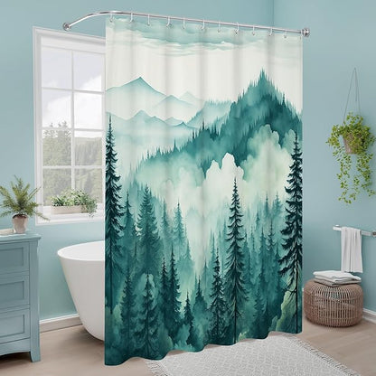 Litabel Teal Blue Small Stall Misty Pine Forest Shower Curtain 36 x 72, Mountain Foggy Woodland Scenery Tree Narrow Half Size Shower Curtains for Bathroom, Turquoise Waterproof Nature-Themed Decor