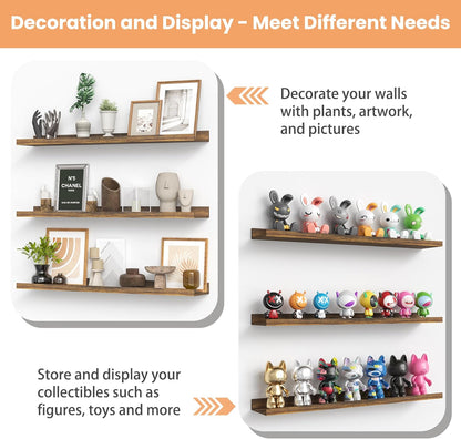 upsimples Floating Shelves for Wall, 47.3 Inch Shelves for Decor Storage Set of 6, Wall Mounted Wood Shelf for Bedroom, Living Room, Bathroom, Kitchen, Long Picture Ledge Shelves, Brown