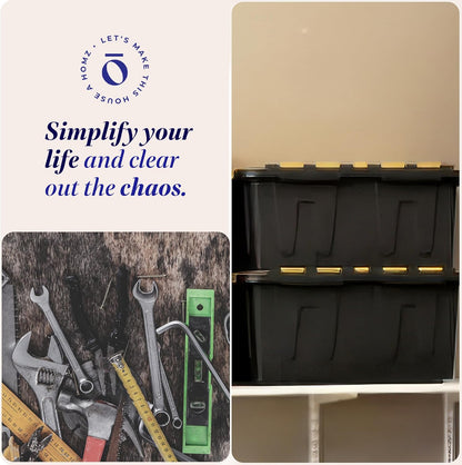 HOMZ 4-Pack Durabilt Tote, Heavy Duty Plastic Storage Bins with Lids, 15 Gallon, Black/Yellow - Stackable Organizing Containers for Home, Garage, and Office