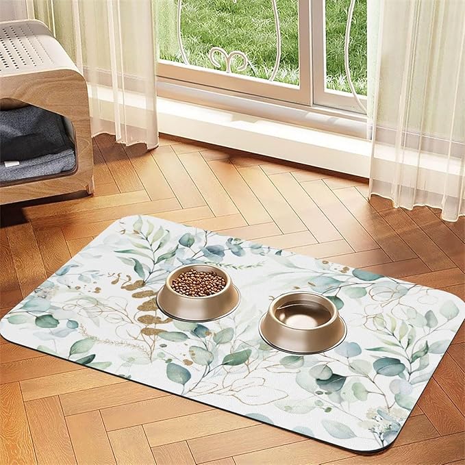 Plants Flowers Dog Food Mat Absorbent Bowl Mats No Stains Quick Dry Waterproof Pet Cat Placemats for Food and Water, 30x45cm