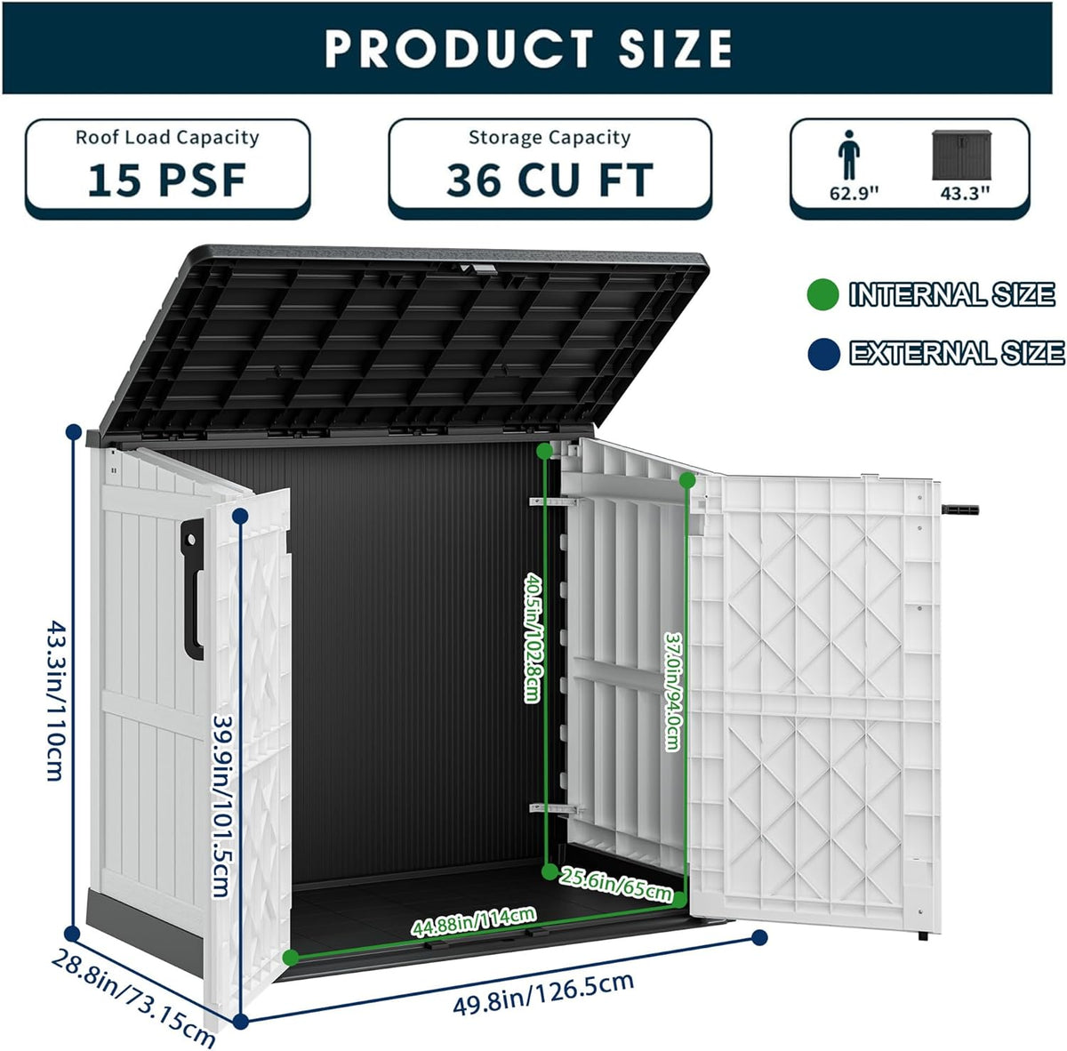 Outdoor Resin Storage Shed 36 Cu. Ft. Garden Horizontal Storage Extra Large Capacity Weather Resistant Storage Box, Lockable Resin Waterproof Shed, Light Grey