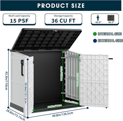 Outdoor Resin Storage Shed 36 Cu. Ft. Garden Horizontal Storage Extra Large Capacity Weather Resistant Storage Box, Lockable Resin Waterproof Shed, Light Grey