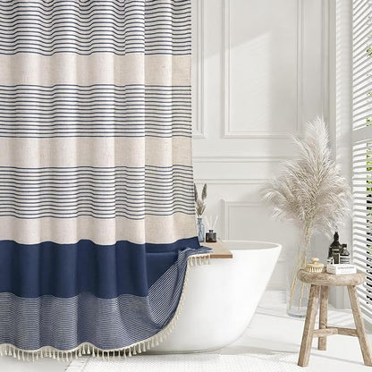 XOGUIBO Navy Blue Shower Curtain Linen Coastal Ocean Striped Shower Curtains for Bathroom with Tassel 72 X 84