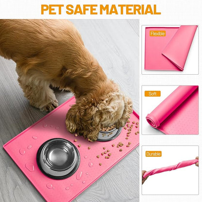Hubulk Dog Feeding Mat,100% Waterproof Food Grade Silicone Pet Food and Water Bowl Placemat,Dishwasher, High Raised Edge to Prevent Spills,Nonslip Tray to Stop Messes on Floor（28"x18"x0.8", Pink）