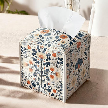 Floral Tissue Box Holder, Scandinavian Leather Tissue Box Cover Square, Paper Napkins Everyday Dispenser for Bathroom Vanity Countertop Night Stands Kitchen Office Car Home Decor