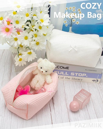 6PCS Cozy Makeup Bag Travel Cosmetic Bag for Women Soft Toiletry Bag Aesthetic Makeup Organizer Portable Large Zipper Pouch for Skincare Beauty Accessories Brushes Waffle Check Light Pink