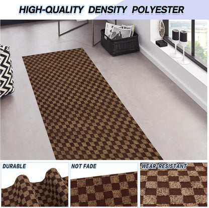 Custom Size Backed Non-Slip Area Rugs Runner, Easy Clean, Waterproof Runner Rugs for Hallway Entryway, Kitchen, Laundry, 3FT x 20FT, Brown Checkered