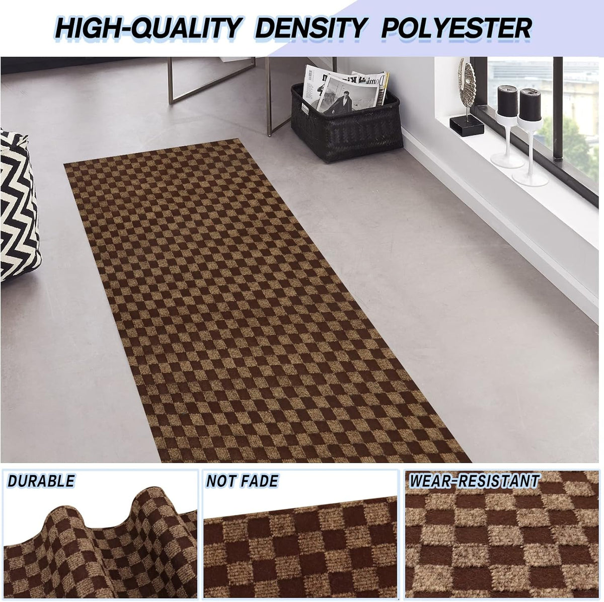 Custom Size Backed Non-Slip Area Rugs Runner, Easy Clean, Waterproof Runner Rugs for Hallway Entryway, Kitchen, Laundry, 2FT x 67FT, Brown Checkered