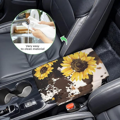 Wanyint Sunflower Brown Cow Print Auto Center Console Cover Non-Slip Armrest Cover Cushion Protector Wear-Resistant Arm Rest Cushion Protective Cover Universal Fit for Car Seat Organizer