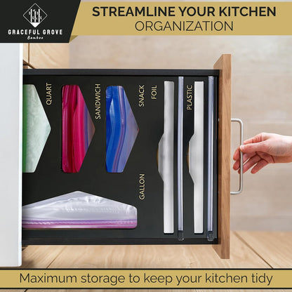 6-in-1 Bamboo Food Storage Bag Organizer for Drawer – Holds Gallon, Quart, Sandwich, Snack Bags & 12" Foil or Plastic Rolls - Plastic Bag Organizer with Wrap Dispenser & Built-In Cutter, Black