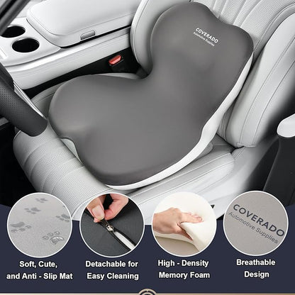 Coverado Car Seat Cushion and Lumbar Support Pillow One Piece, Memory Foam Ergonomic Back Support Driving Seat Cushion for Back Pain, Non-Slip Washable Cushion for Car, Driver, Office