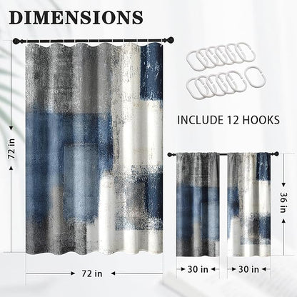 Culudea Navy Blue Grey Painting Shower Curtain Set, Gray Contemporary Modern Abstract Bathroom Window Waterproof Shower Curtain Set for Bathroom Decor