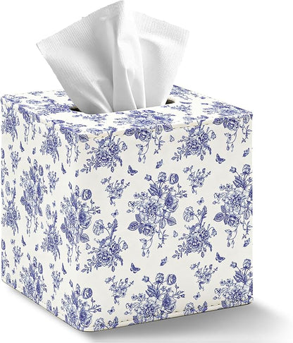 JarThenaAMCS Blue Floral Tissue Box Cover with Magnetic Closure PU Leather Tissue Holder Chinoiserie Flower Butterfly Square Napkin Box for Home Office Bedroom Countertop Decor