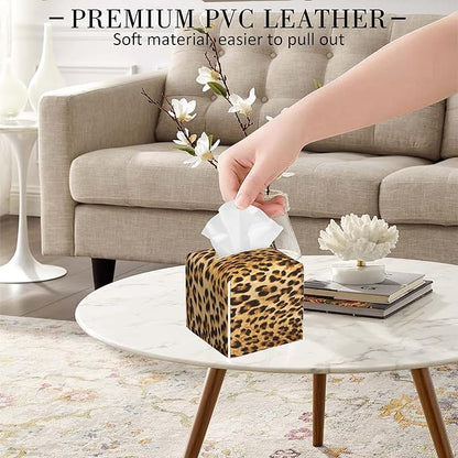 POIUBLE Tissue Box Holder Leopard Cheetah Animal Skin Tissue Box Cover Square Leather Tissue Holder Organizer Portable Decorative Facial Paper Case for Home Office Bathroom Vanity Countertop
