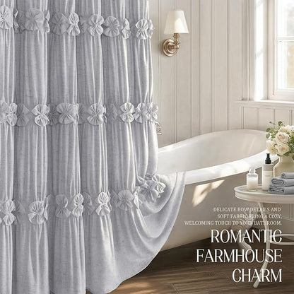 XOGUIBO Ruffle Shower Curtain with Handmade Bow Tie, Grey Linen Vintage Farmhouse Shower Curtain for Bathroom, 72" W x 72" H
