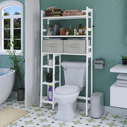 SMIBUY Over The Toilet Storage with Drawers, Large Bathroom Space Saver Organizer Rack, Freestanding Behind Toilet Stand with 6-Tier Shelf and Waterproof Feet Pad for Restroom, Laundry (White)