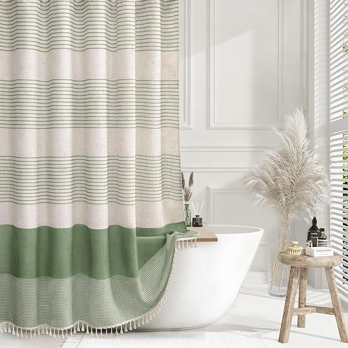 XOGUIBO Sage Green Shower Curtain Boho Linen Striped Shower Curtains for Bathroom with Tassel 48 X 72