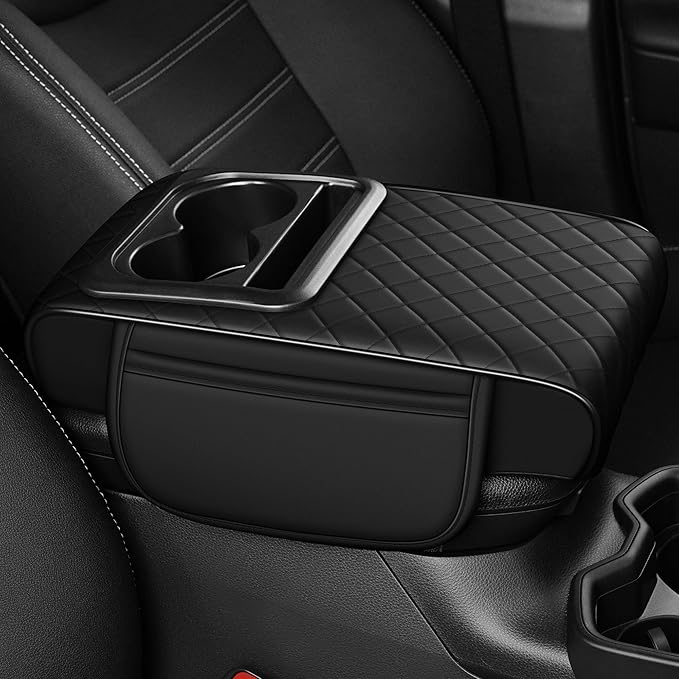 Center Console Cover for Civic: Armrest Cover for Car with 2 Storage Bags - Waterproof Leather Center Console Cover with Cup Holder for Car,Anti-Scratch Auto Armrest Pad Accessory （Black