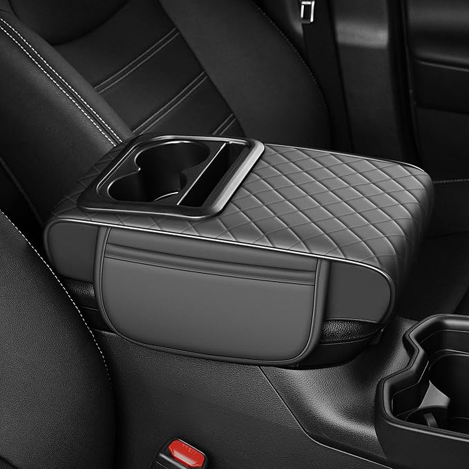 Center Console Cover for Pilot: Armrest Cover for Car with 2 Storage Bags - Waterproof Leather Center Console Cover with Cup Holder for Car,Anti-Scratch Auto Armrest Pad Accessory （Grey