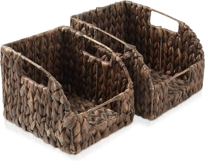 Casafield Set of 2 Water Hyacinth Pantry Baskets with Handles - Espresso, Woven Storage Bin Organizers for Kitchen Shelves, Medium and Large Sizes
