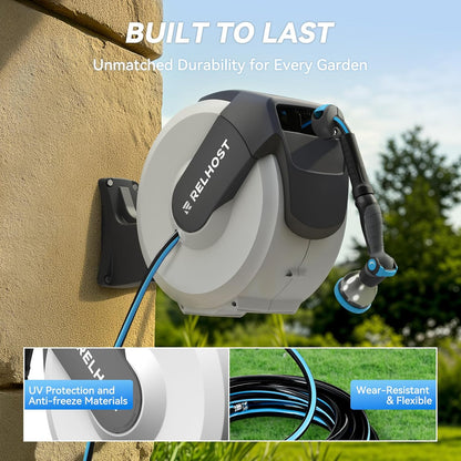 Retractable Garden Hose Reel 100 ft x 1/2 in, Heavy Duty Hose Reel Wall Mount with Any Length Lock, Auto Rewind System, 180° Swivel Bracket, 10-Pattern Garden Hose Nozzle, White & Grey
