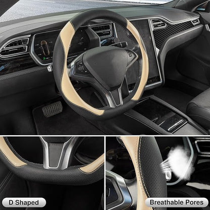 SEG Direct D Shaped Steering Wheel Cover, Flat Bottom Car Wheel Cover 14 1/2-15 in. (37-39 cm), Black and Beige Microfiber Leather