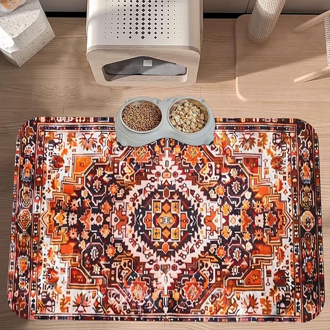 Boho Craft Design Dog Food Mat Absorbent Bowl Mats No Stains Quick Dry Waterproof Pet Cat Placemats for Food and Water, 30x45cm