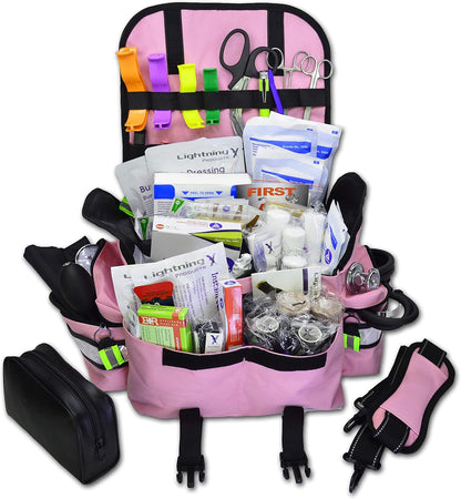 Lightning X Personalized First Responder EMT EMS Trauma Bag w/Stocked First Aid Fill Kit B & Custom Embroidered Name Patch (Pink)