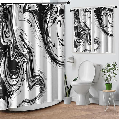 Culudea Marble Vintage Retro Shower Curtain Set, Aqua Gray Abstract Bathroom Window Waffle Cloth Waterproof Shower Curtain Set for Bathroom Decor