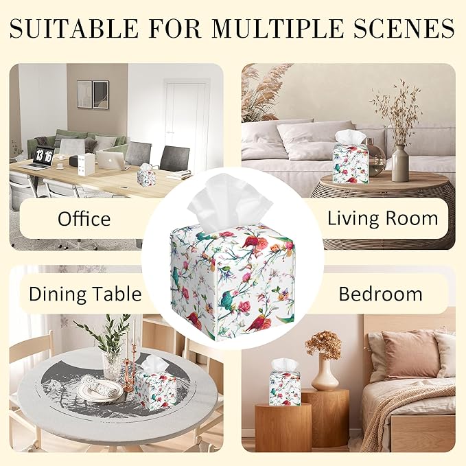 Flowers and Butterflies Tissue Box Holder Birds on Branch Tissue Box Cover Square Leather Tissue Holder Organizer Portable Decorative Facial Paper Case for Home Office Bathroom Vanity Countertop
