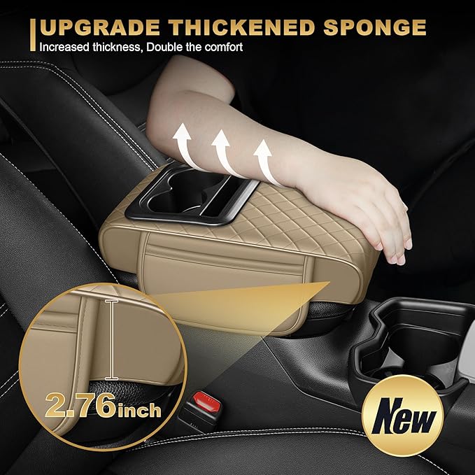 Center Console Cover for Civic: Armrest Cover for Car with 2 Storage Bags - Waterproof Leather Center Console Cover with Cup Holder for Car,Anti-Scratch Auto Armrest Pad Accessory （Beige