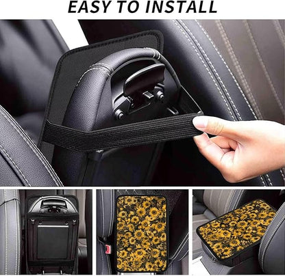 Car Center Console Cushion Pad Yellow Sunflower Universal Armrest Seat Box Cover Protector Cute Flower Floral Armrest Seat Box Cover Protector for Most Vehicle, SUV, Truck, Sedans