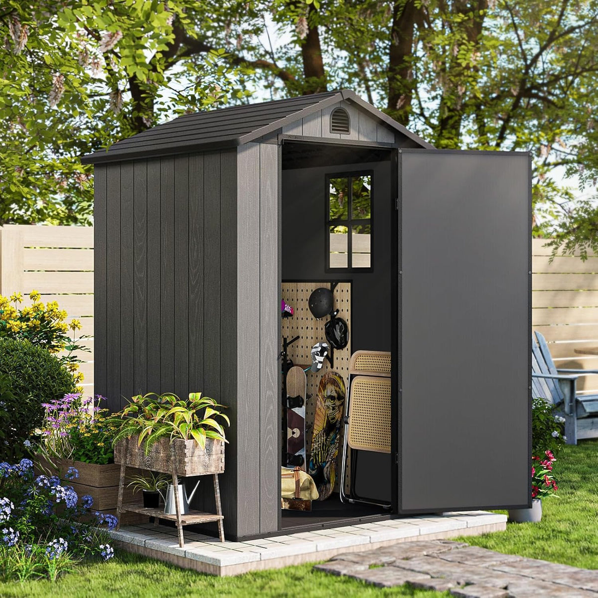 Patiowell 4 x 4 FT Plastic Outdoor Storage Shed with Floor, Garden Tool Shed with Two Windows and Single Lockable Door for Garden, Backyard, Lawn, Easy to Install, Dark Grey(Fit-it Shed)