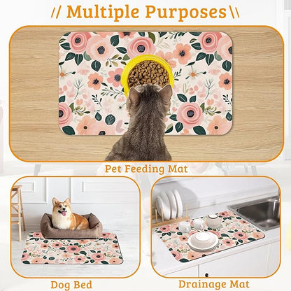 Dog Bowl Mat,Blooming Flowers Pet Feeding Mat for Floors Waterproof,Peonies Roses Absorbent Dogs Placemat for Food and Water Quick Dry Pet Cat Feeding Mats with Non Slip Bottom 16" x 24"