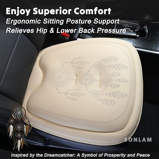 Comfort Dreamcatcher Car Seat Cushion Non-Slip - Relaxing, Optimal Support & Posture for Long Drive (Front Seats (Beige))