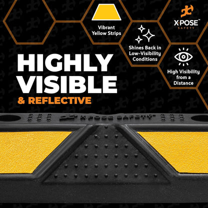 Xpose Safety 22" Heavy Duty Rubber Parking Stopper – 2 Pack Wheel Blocks for Garage, Driveway, or Ramp – Car Bumper Stop with Yellow Reflective Strips – Removable Floor Mount