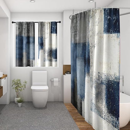 Culudea Navy Blue Grey Painting Shower Curtain Set, Gray Contemporary Modern Abstract Bathroom Window Waterproof Shower Curtain Set for Bathroom Decor