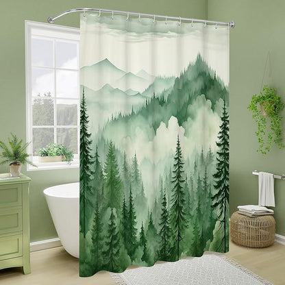 Litabel Green Small Stall Misty Pine Forest Shower Curtain 36 x 72, Mountain Foggy Woodland Scenery Tree Narrow Half Size Shower Curtains for Bathroom, Abstract Waterproof Nature-Themed Decor