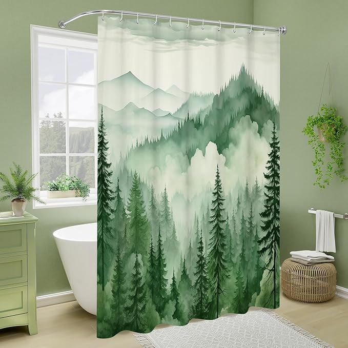 Litabel Green Extra Long Misty Pine Forest Shower Curtain 72 x 84, XL Mountain Foggy Woodland Scenery Tree Shower Curtains for Bathroom, Abstract Waterproof Nature-Themed Decor