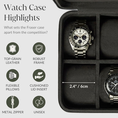 TAWBURY Watch Case - 8 Slot Genuine Top-Grain Leather Watch Box for Men & Women with Extra Wide Pillows for Large Watches - Portable Wristwatch Storage for Home & Travel (Black)