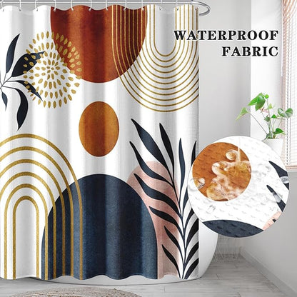 Culudea Boho Geometric Leaf Shower Curtain Set, Mid Century Sun Bohemian Bathroom Window Waffle Textured Cloth Waterproof Shower Curtains for Bathroom Decor